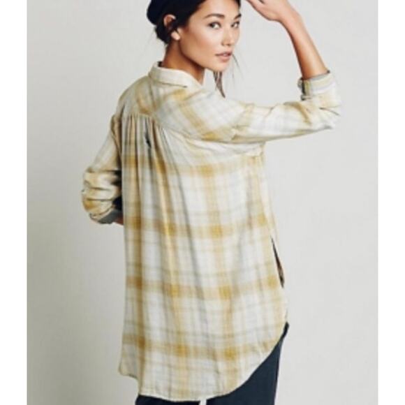 Free People Mustard Yellow Flannel Double Dip Button Down Oversized Shirt Medium - Picture 5 of 9